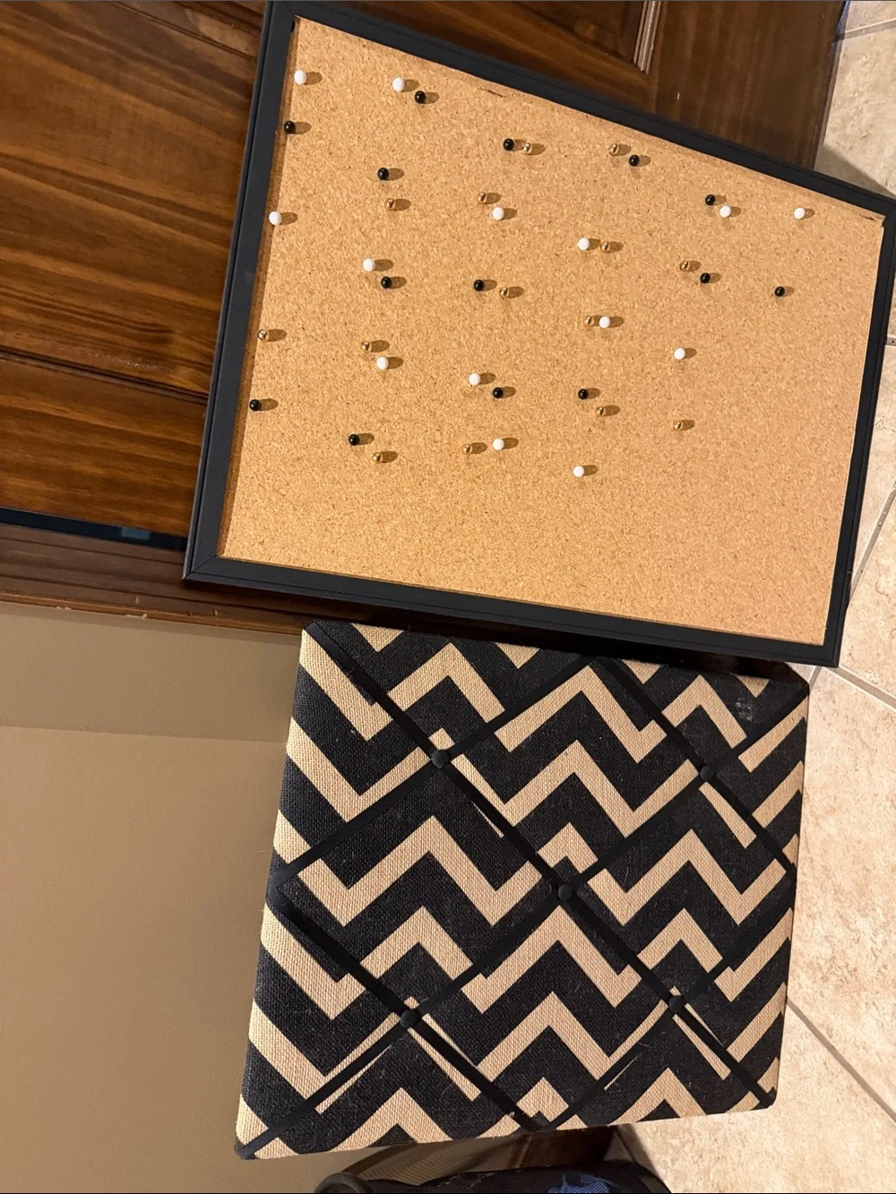 Cork Notice Board with Black Framed Chevron Photo Display - Black & Natural